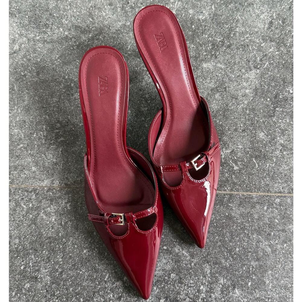 ZARA Burgundy Patent Pointed Toe Slip-On Heeled Mules NWT – Size 6.5 & 8 - Picture 11 of 16